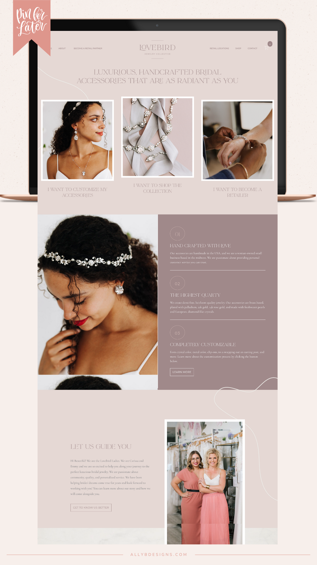 Lovebird bridal jewelry website by Ally B Designs